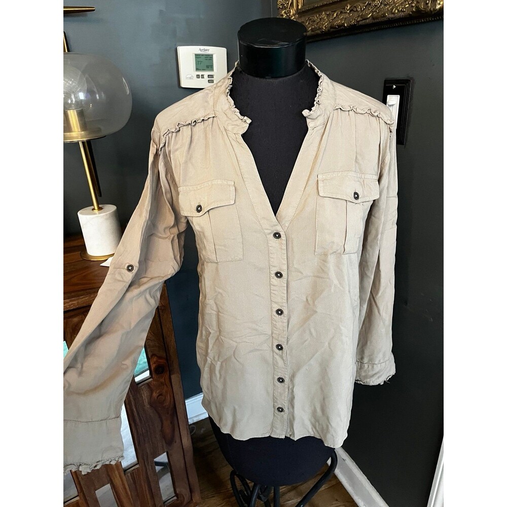 Sundance Cottage Core Ruffle Prairie Blouse Tan Button Blouse Shirt Top XS flaw